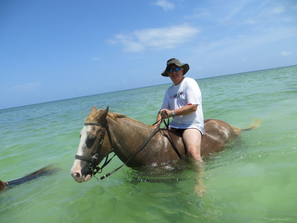 Man riding horse in large body of water